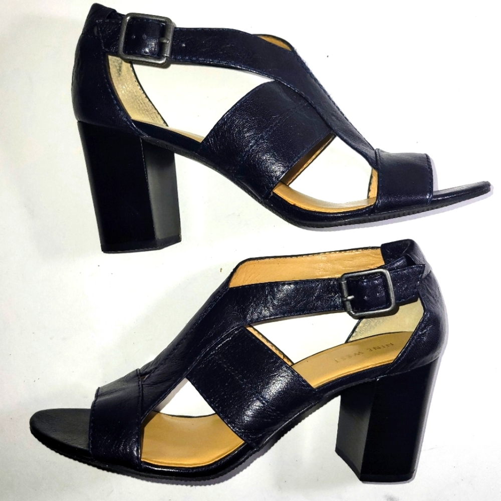 Nine West Womens Leather Blue Lilanao Colorblock Heel Cutout Sandals Size 10M